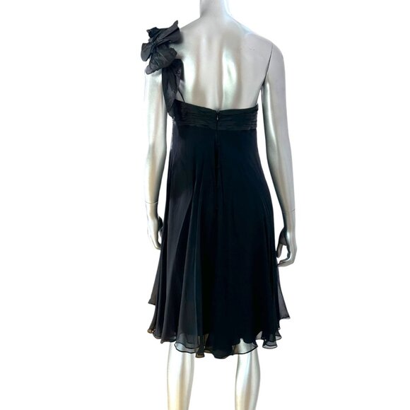 Ricky Freeman for Teri Jon One-Shoulder Black Silk Dress With Floral Accent 6 - Picture 4 of 13